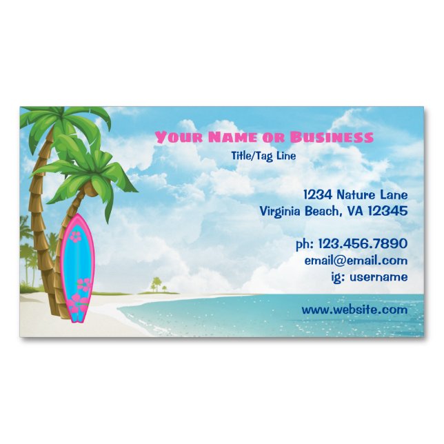 Surfboard and Palm Trees Tropical Beach Magnetic Business Card (Front)