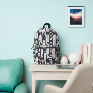 Surfboard Beach Black White Surfer Printed Backpack
