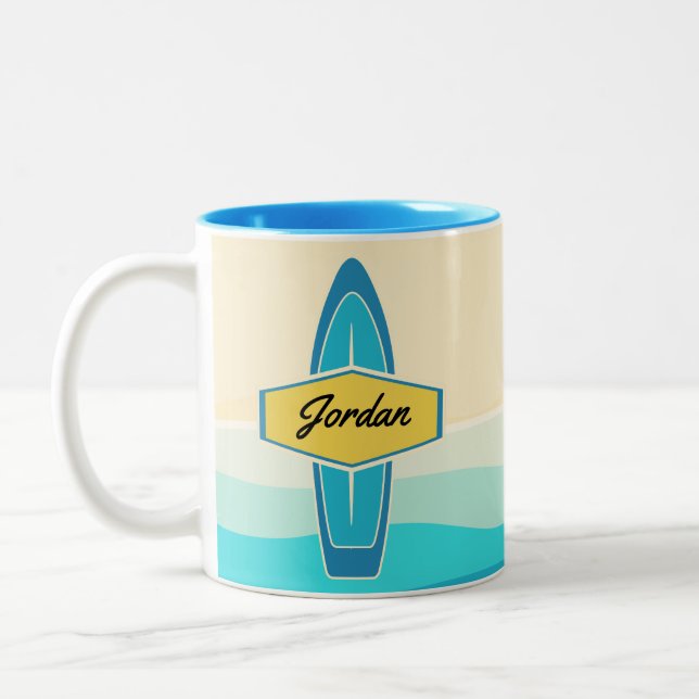 Surfboard beach custome name Two-Tone coffee mug (Left)