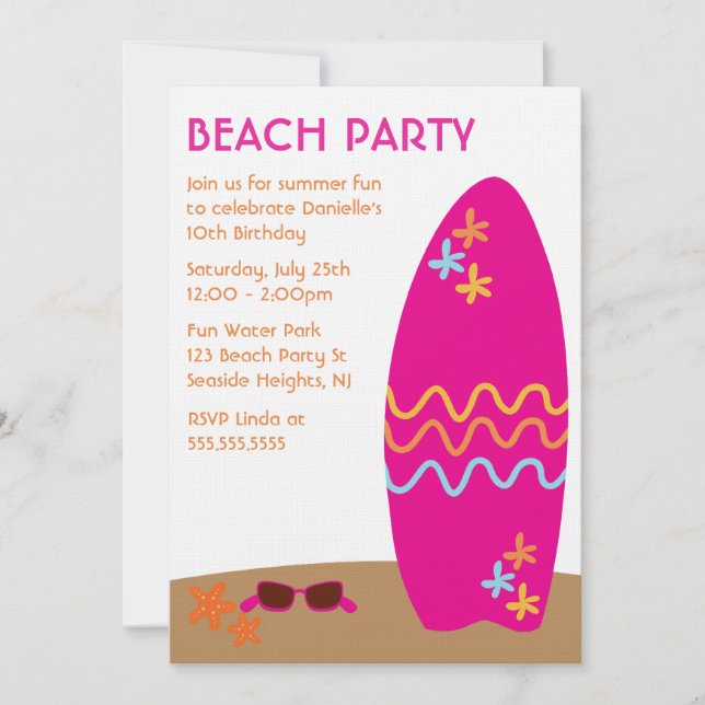 Surfboard Beach Party Invitations (Front)
