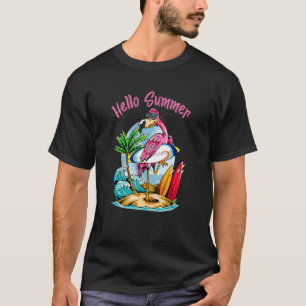 Surfboard Hello Summer Flamingo  Beach Summer Vaca T-Shirt