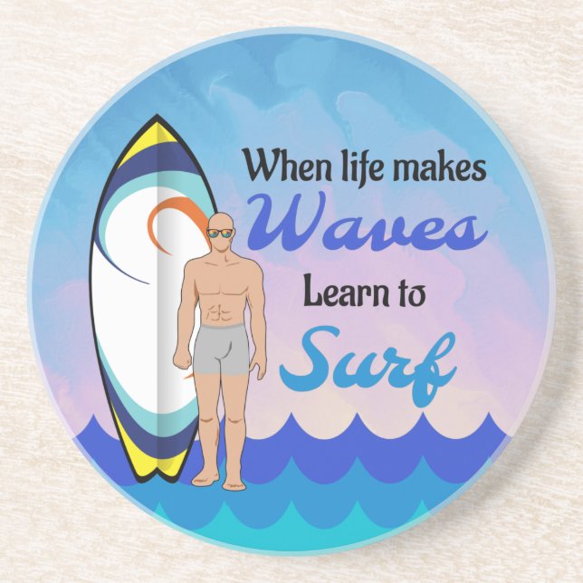 Surfboard Ocean Waves Blue Motivational Quote Coaster (Front)