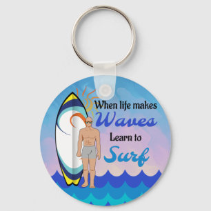 Surfboard Ocean Waves Blue Motivational Quote Keychain