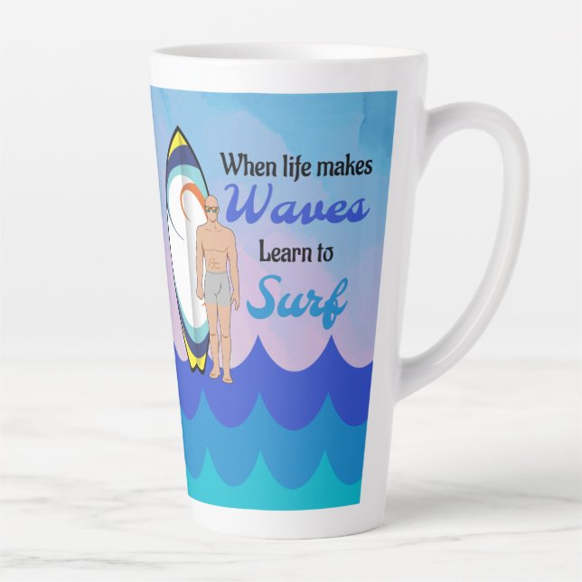 Surfboard Ocean Waves Blue Motivational Quote Latte Mug (Right)