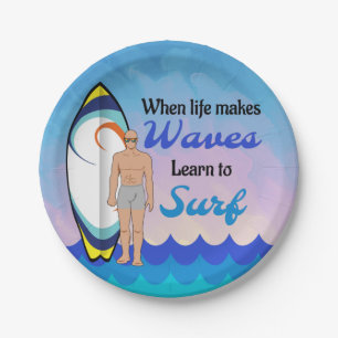 Surfboard Ocean Waves Blue Motivational Quote Paper Plate