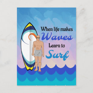 Surfboard Ocean Waves Blue Motivational Quote Postcard