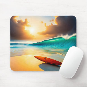 Surfboard On A Sunrise Beach Mouse Pad