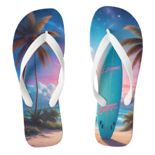 surfboard on a tropical beach at sunset. flip flops