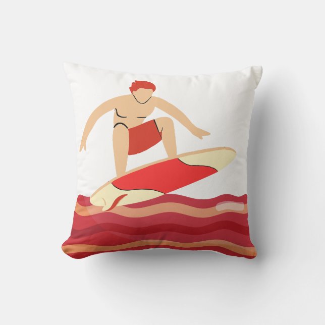 Surfboard on Bacon Wave Throw Pillow (Front)