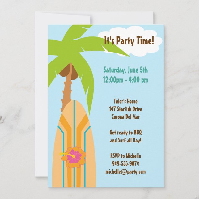 Surfboard Party Invitation (Front)