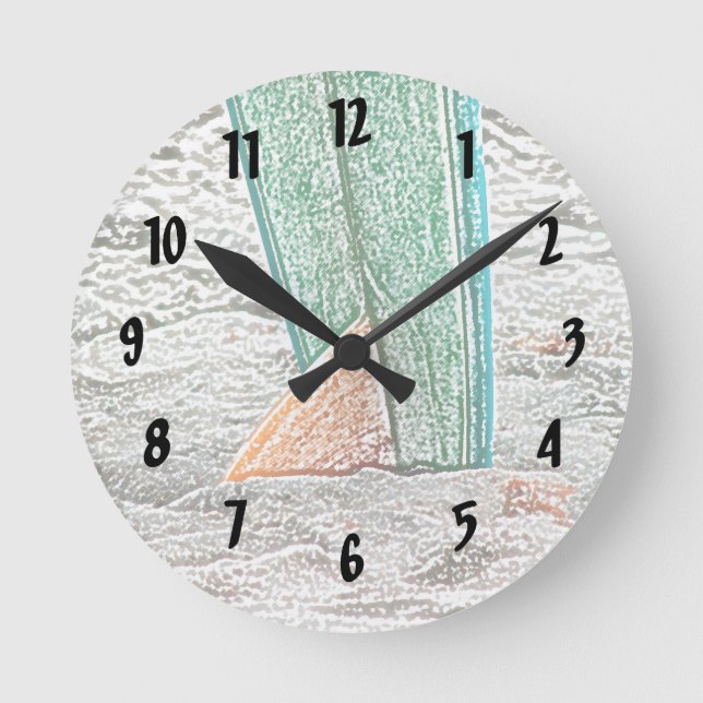 surfboard sketch on beach sea design round clock (Front)