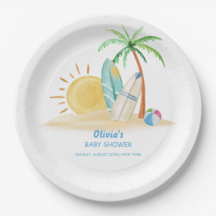 Surfboard Sunshine Beach Palm Tree Baby Shower  Paper Plate