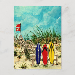 surfboard surf art red yellow and blue artwork postcard