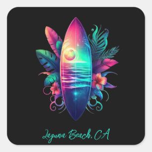 Surfboard Tropical Beach- Square Sticker