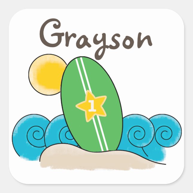 Surfboard Waves First Birthday Party Favour Square Sticker (Front)