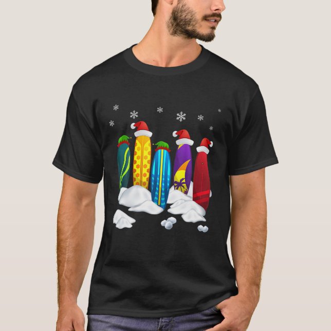 Surfboard Xmas Santa Hat Christmas Tree Funny Surf T-Shirt (Front)