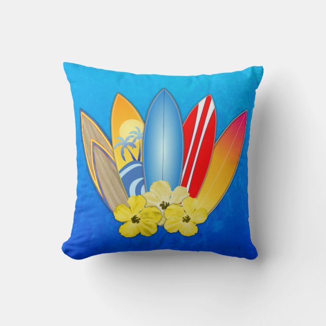 Surfboards And Hibiscus Throw Pillow (Front)