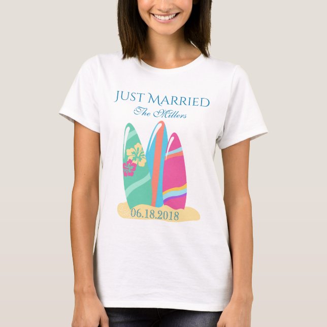 Surfboards in the Sand Beach Just Married T-Shirt (Front)