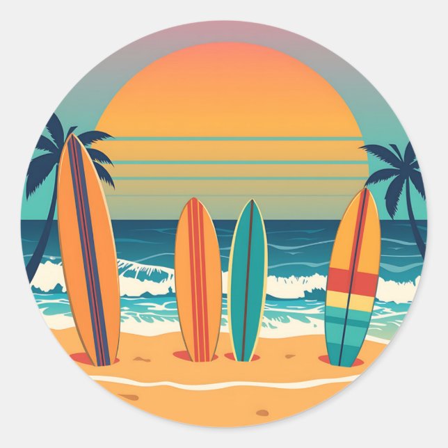 Surfboards on a Tropical Beach Classic Round Sticker (Front)