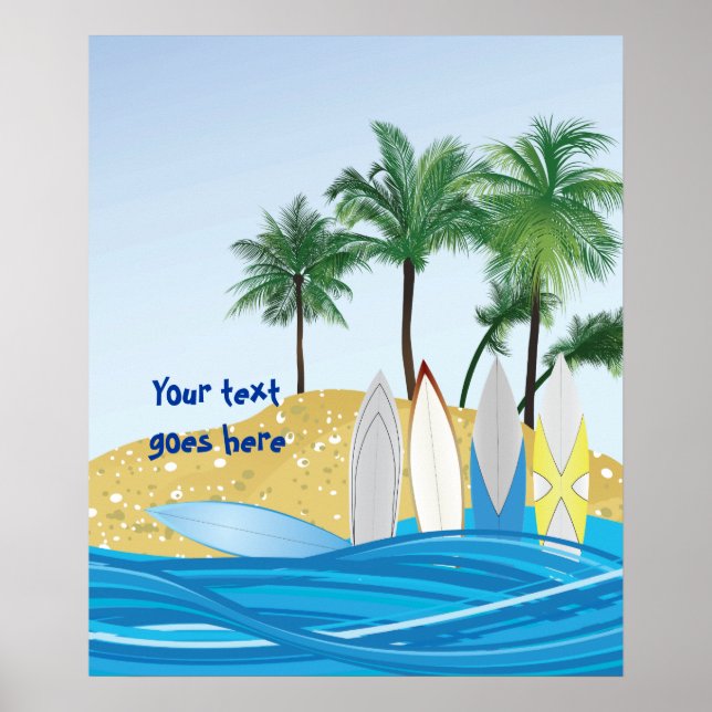Surfboards on a tropical beach with palm trees poster (Front)