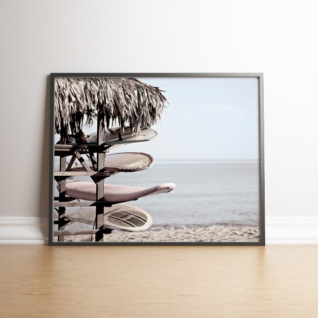 Surfboards on the Beach Poster Imprimer (Surfboards on Tropical Beach Poster Print in a black frame.)