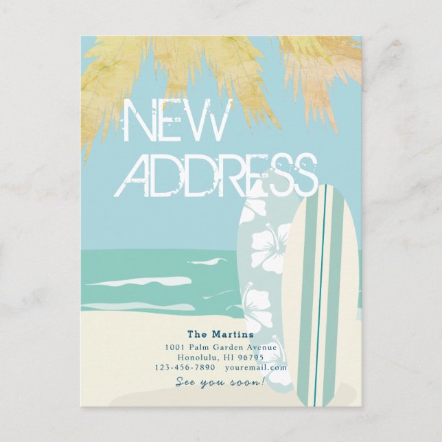SUrfboards Tropical Beach Blue Moving Announcement Postcard (Front)
