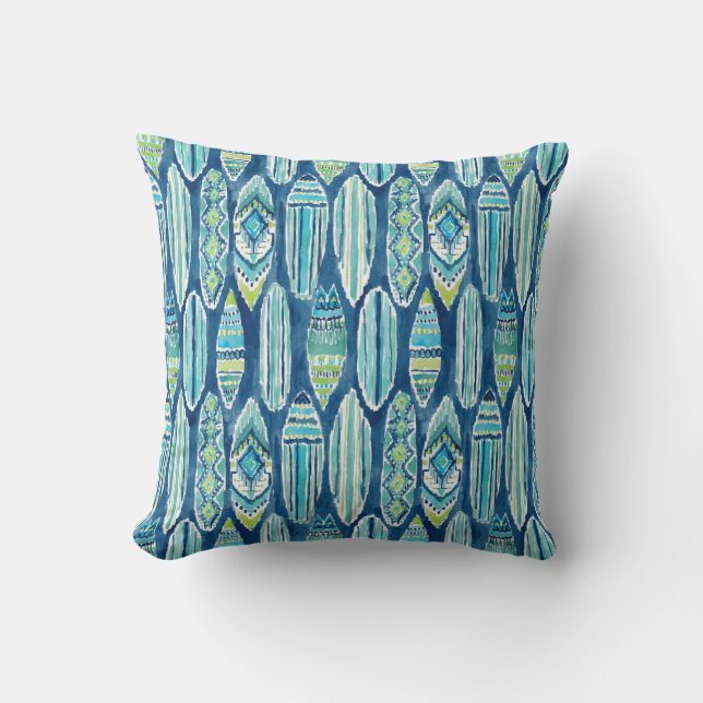 SURFBORTS Watercolor Tiki Surfboard Pattern Throw Pillow (Front)