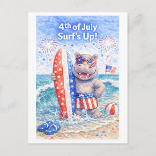 Surfer 4th July Independence Day Hippo at Beach Postcard