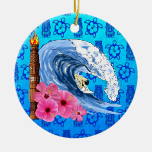 Surfer And Tiki Statue Ceramic Ornament