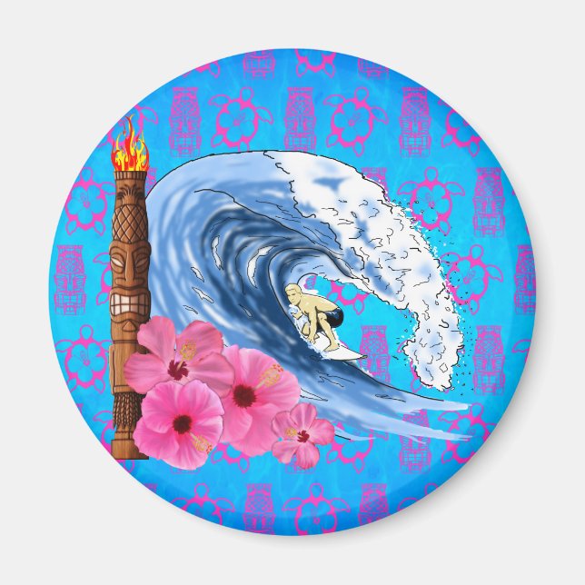 Surfer And Tiki Statue Magnet (Front)