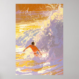 Surfer Art Print Golden Waves Abstract Ocean