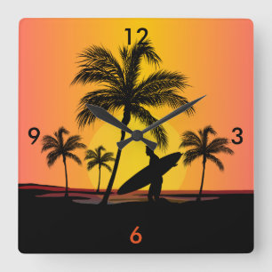 Surfer at sunset square wall clock