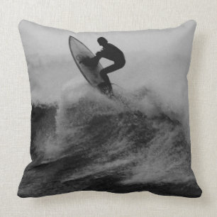 Surfer Big Wave Black and White Throw Pillow