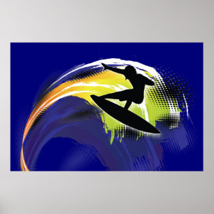 Surfer black figure & colourful wave on blue poste poster