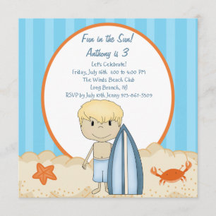 Surfer Boy On The Beach Birthday Invitation