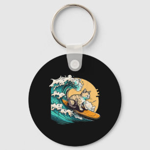 Surfer Cat, Cat On Surfboard, Cat Riding Wave, Fun Keychain
