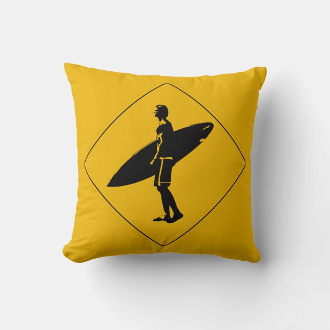 Surfer Crossing Warning Sign, San Diego Throw Pillow (Front)