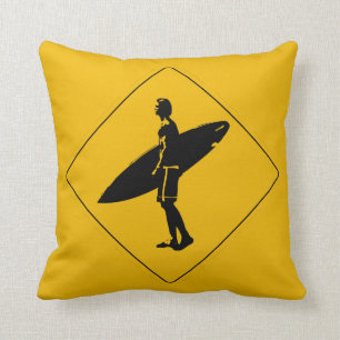Surfer Crossing Warning Sign, San Diego Throw Pillow