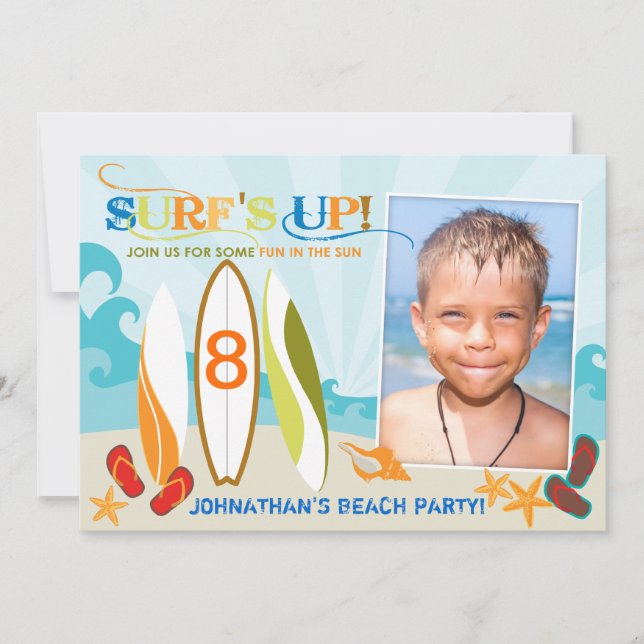 Surfer Dude and Surf Boards Beach Birthday Invitation (Front)
