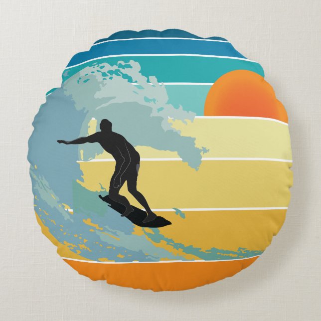 Surfer Dude Vintage Sunset Round Pillow (Front)
