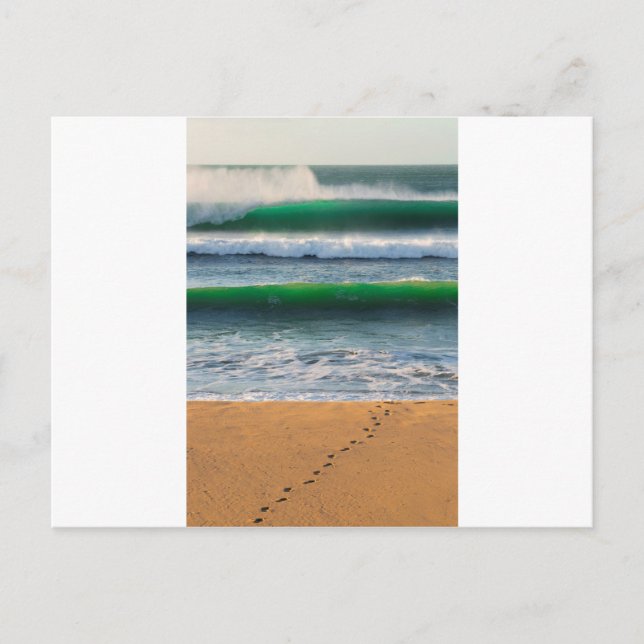 Surfer footprints on sand beach and green waves postcard (Front)