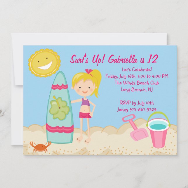 Surfer Girl Beach Party Birthday Invitation (Front)
