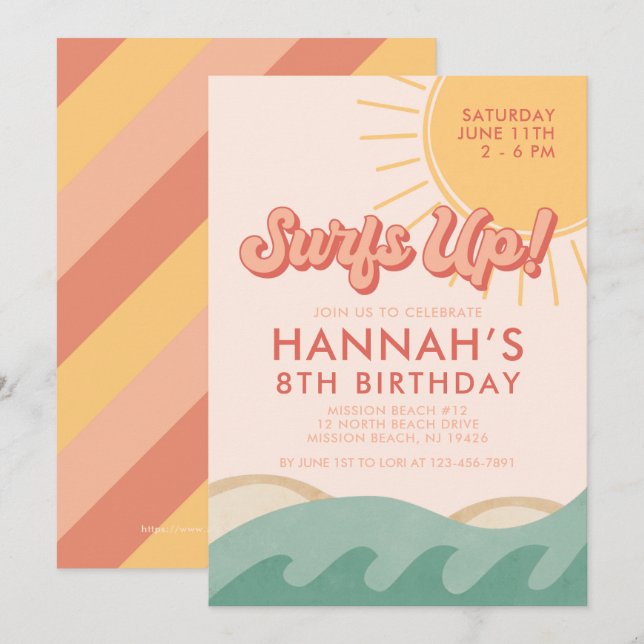 Surfer Girl Birthday Surf's Up Any Age Invitation (Front/Back)