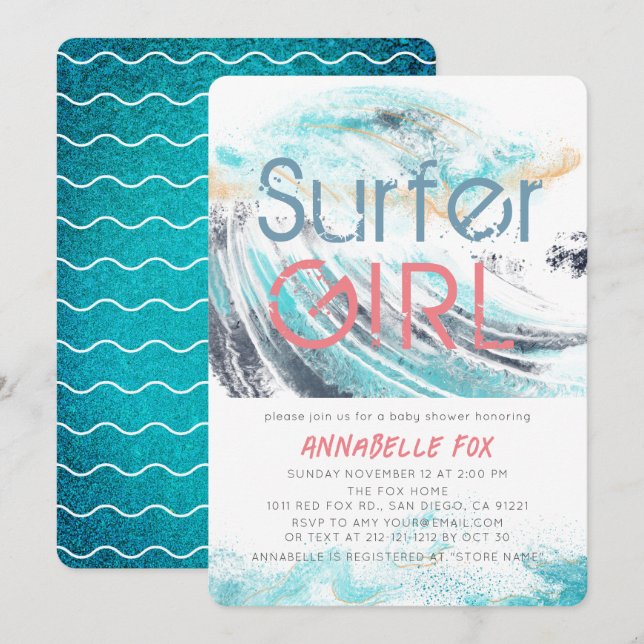 Surfer Girl Blue Wave Splash Surfing Baby Shower Invitation (Front/Back)