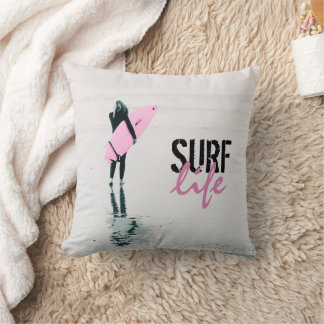 Surfer Girl Cushion, Surf Art Coastal Decor Throw  Throw Pillow