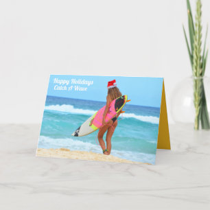 Surfer Girl Happy Holidays Greeting Card