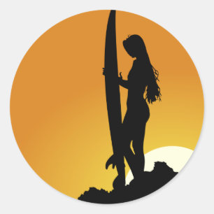 Surfer girl Silhouette Classic Round Sticker