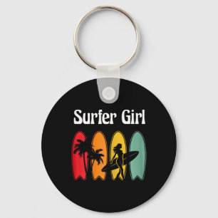 Surfer Girl Surfboard Surfing Women Retro Keychain