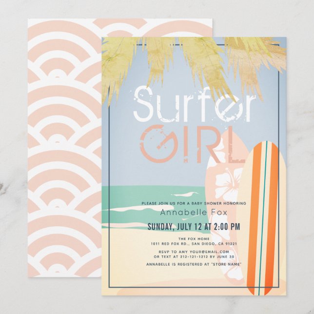 Surfer Girl Surfboards Beach Baby Shower Invitation (Front/Back)