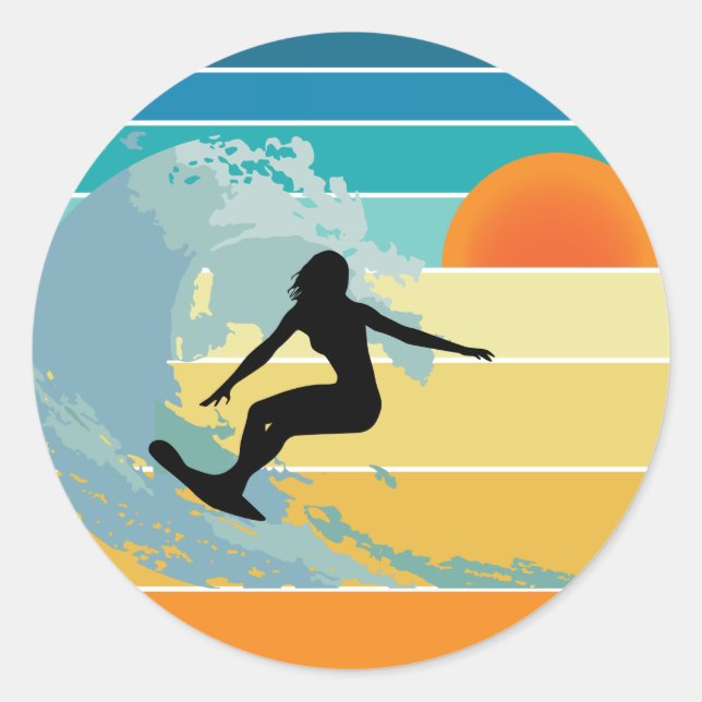 Surfer Girl Vintage Sunset Classic Round Sticker (Front)